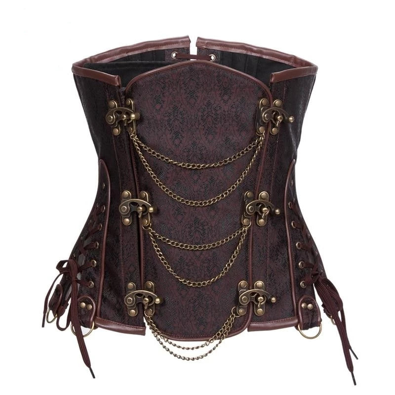 Brown Brocade Steampunk Corset with Chains for Women