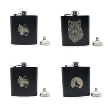 Load image into Gallery viewer, Wolf Totem Black Flask With Funnel - Dragonfly Madness