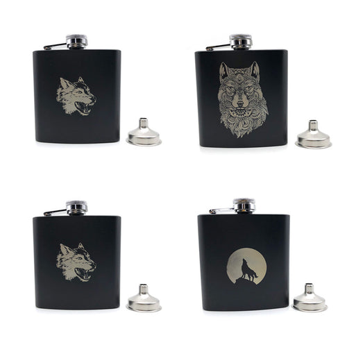 Wolf Totem Black Flask With Funnel - Dragonfly Madness